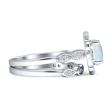 Two Piece Round Halo Floral Ring Created White Opal 925 Sterling Silver Wholesale